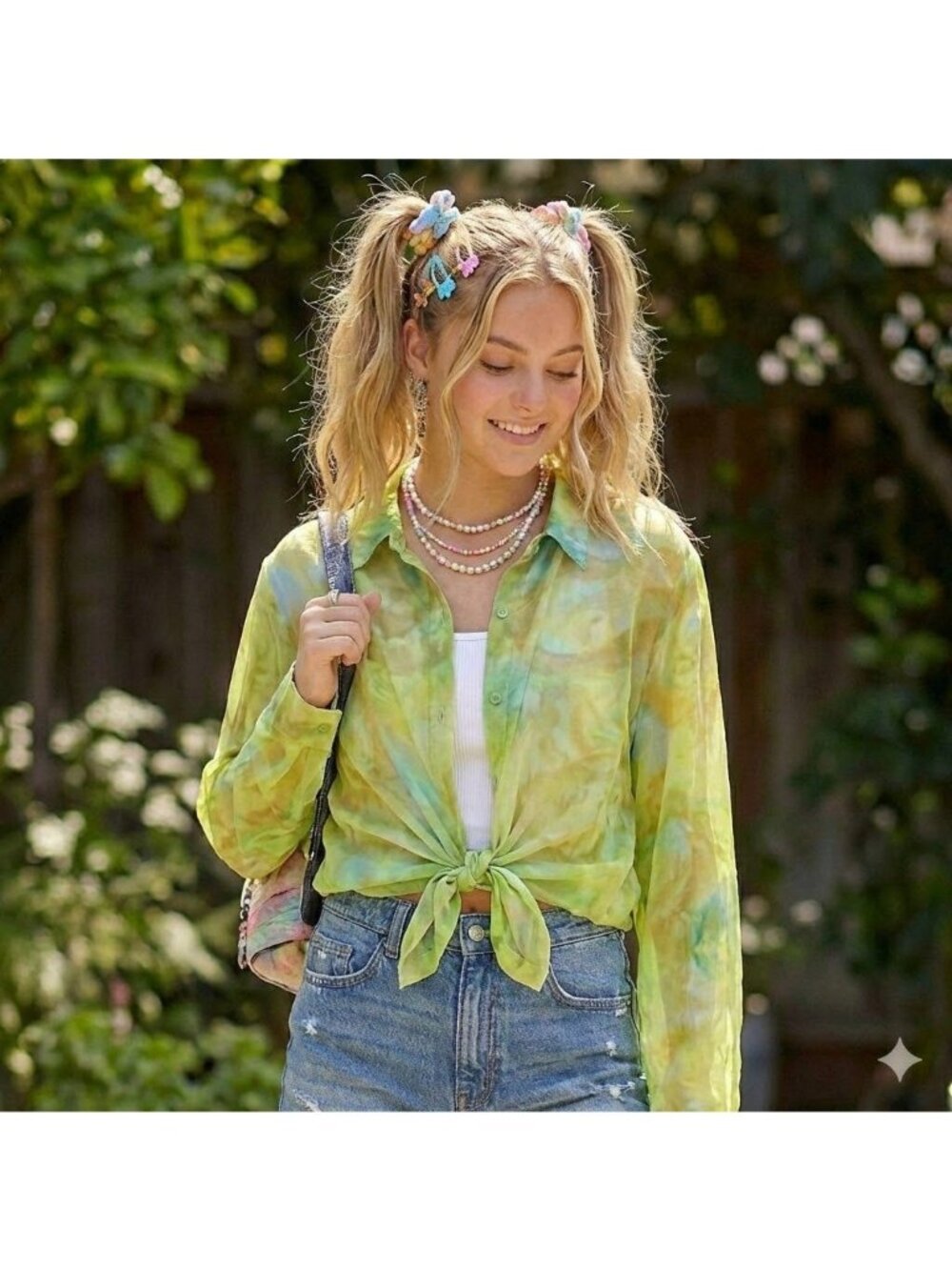 Vintage Y2K 100% Silk Blouse Sheer Green Floral Fairy Grunge Boho Oversized M